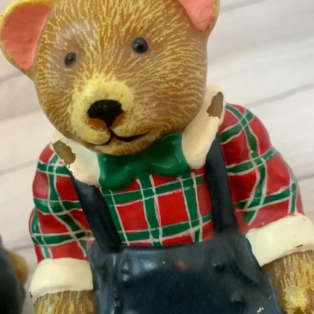 Vintage Teddy Bear Candles Set of 2 Bears with Bow Tie Plaid Shirt Overalls